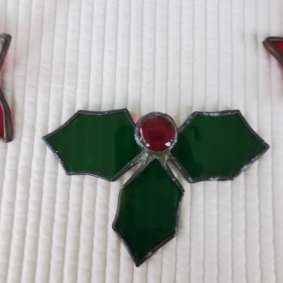 5 Handmade Clear Lead Stain Glass Christmas Ornaments Vintage Holly Bell Flower - Picture 2 of 6